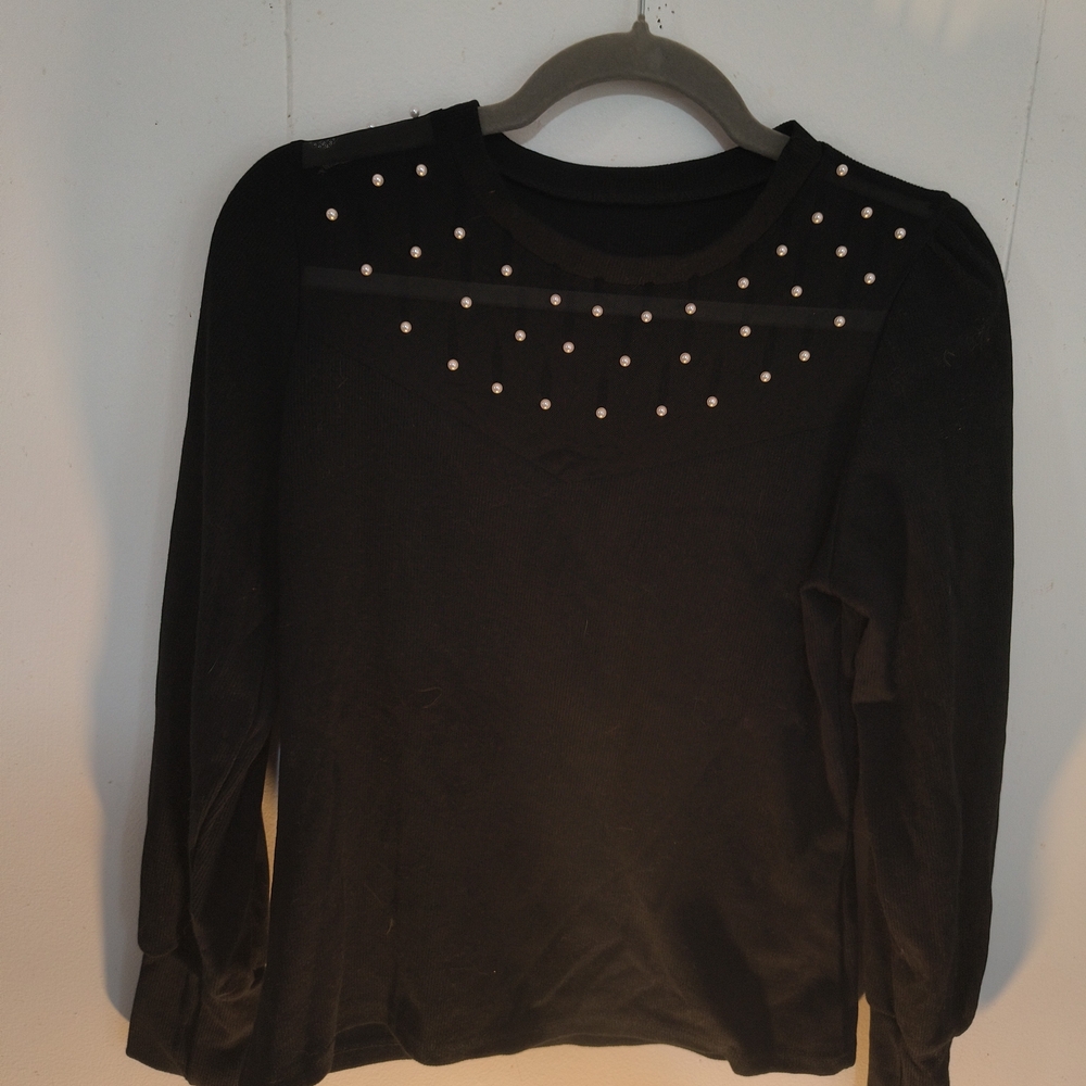 Black Pearl-Embellished Crew Neck Sweater